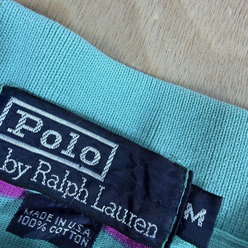 Vintage Polo Ralph Lauren Retro Stripped Made USA 100% Cotton Polo Turquoise M